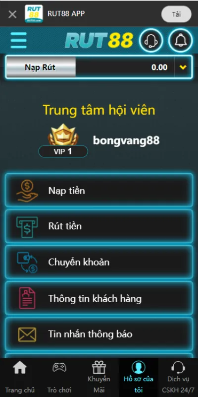 Các bước nạp tiền Rut88
