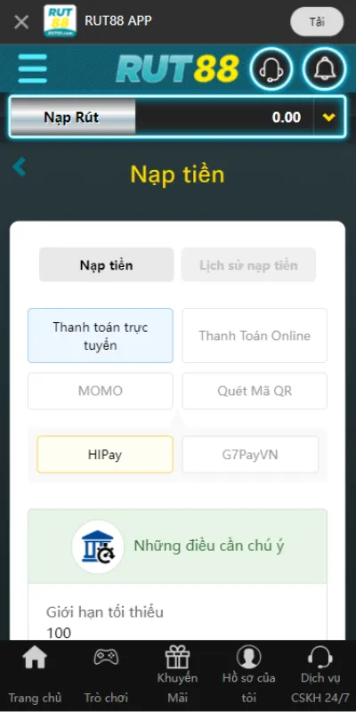 Các bước nạp tiền Rut88