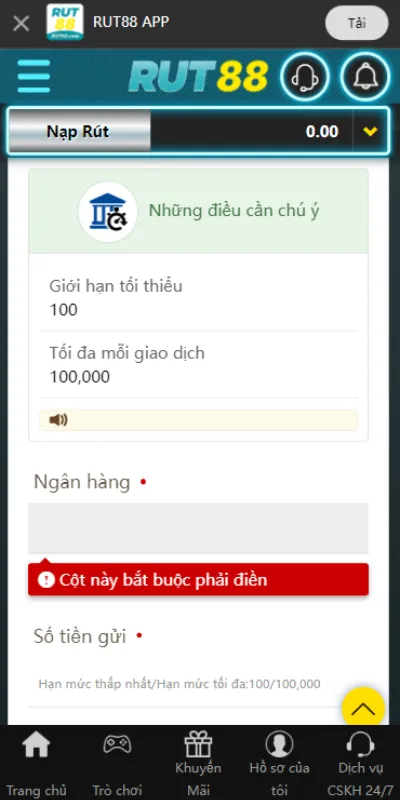 Các bước nạp tiền Rut88