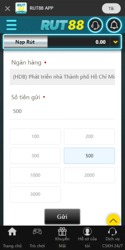 Các bước nạp tiền Rut88