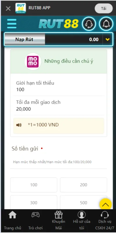 Nạp tiền Rut88 bằng ví điện tử