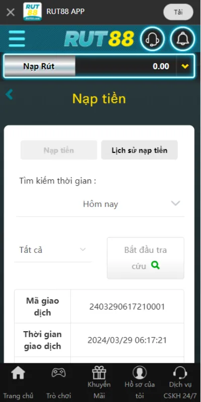 Các bước nạp tiền Rut88